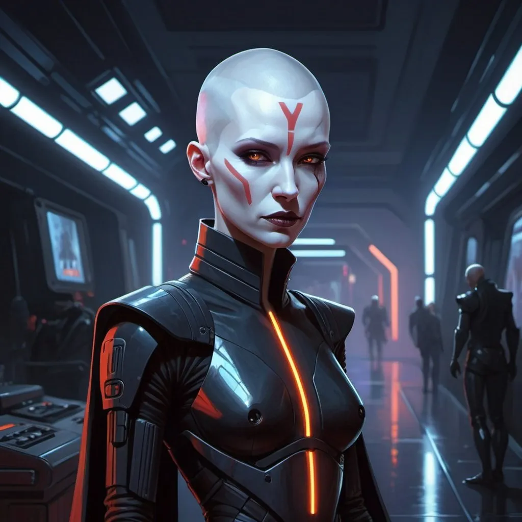 Prompt: cyberpunk asajj ventress in the style of Syd Mead
