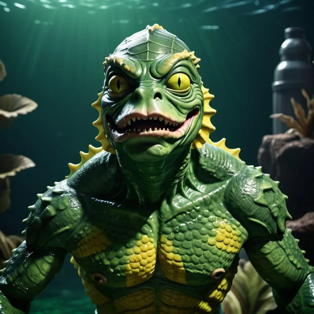 Prompt: Creature from the black lagoon with green scales and yellow eyes, Cinema 4D, 64 megapixels, Unreal Engine 5, rendered in Blender, trending on Artstation, epic, cinematic atlantis background, dramatic, atmospheric, 32k resolution, molecular precision, sharp focus