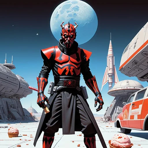 Prompt: ASCIIwaist shot view of a mysterious (Darth Maul:1) wearing an ice cream man outfit with a crashed spaceship in the background, (artwork by Moebius, Bilal, Druillet, methurlant) sci-fi, fantasy, horror, 32k resolution, molecular precision, ultra sharp focus.