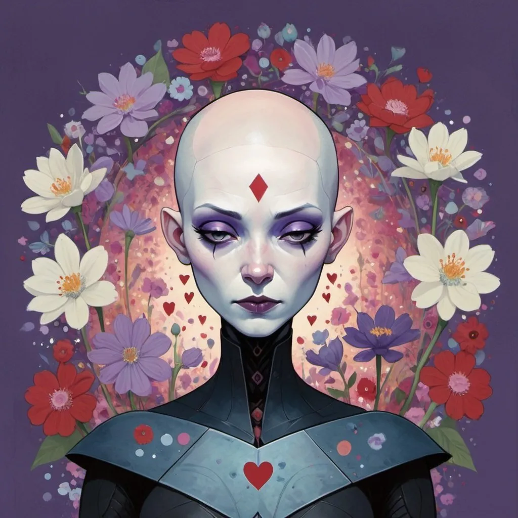 Prompt: "by Keith Negley"
Weight:1.1  

"Asajj Ventress (completely bald, pale and pallid skin), surrounded by flowers, tiny heart lights."
Weight:0.9.

"purple and blue. molecular precision, 32k resolution."
Weight:0.8