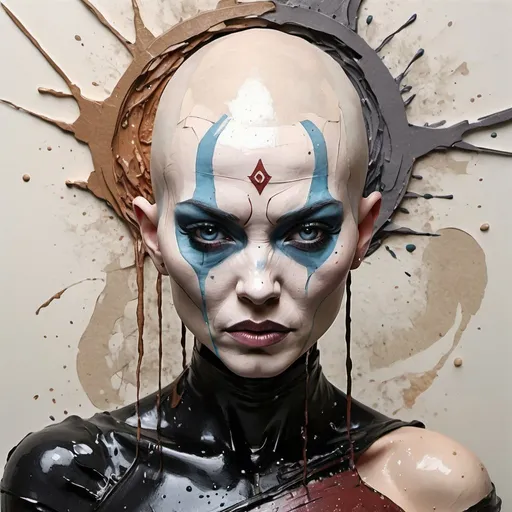 Prompt: "3D splash art!!!!! heavy impasto paper sculpture of bald Asajj Ventress (Star Wars) in Yin Yang, torn dirty paper in the rain, unfinished, Swirling pastel background of 3D Yin Yang symbol, bursting through the paper, torn paper edges, water splashing, 3D effect, watercolor, by Carne Griffiths, Minjae Lee, Ana Paula Hoppe, Waterhouse, masterpiece, molecular precision, 16k resolution, HDR, UHD"
Weight:1.3