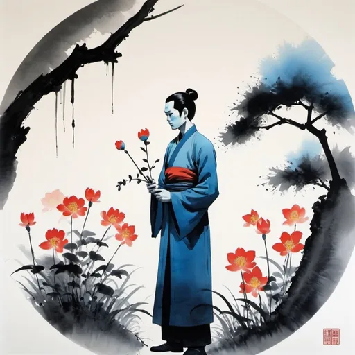 Prompt: Chinese ink painting, minimalism, Thrawn holding and admiring a flower, flower garden, large negative space