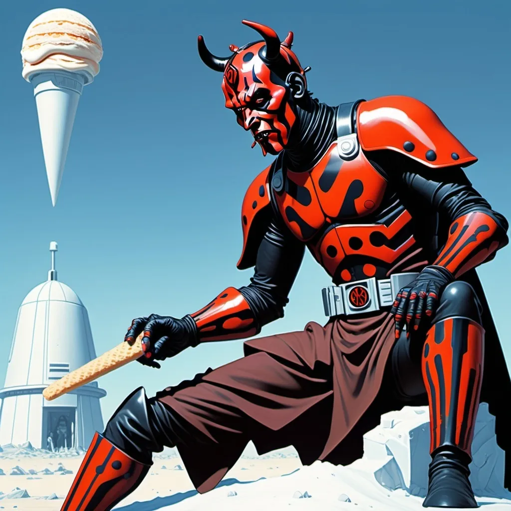 Prompt: ASCIIwaist shot view of a mysterious (Darth Maul:1) wearing an ice cream man outfit with a crashed spaceship in the background, (artwork by Moebius, Bilal, Druillet, methurlant) sci-fi, fantasy, horror, 32k resolution, molecular precision, ultra sharp focus.