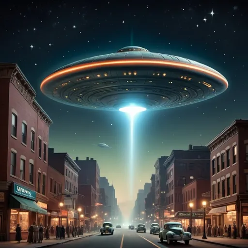 Prompt: Under the starlit sky of the 1940s, a fantastic vintage UFO descends over the bustling city. The retro spaceship glows with an otherworldly light, casting eerie shadows on the buildings below. People in period attire gather, staring in awe as the craft hovers silently, a symbol of cosmic mystery and adventure."craft hovers silently, a symbol of cosmic mystery and adventure, 32k resolution, molecular precision, ultra sharp focus.