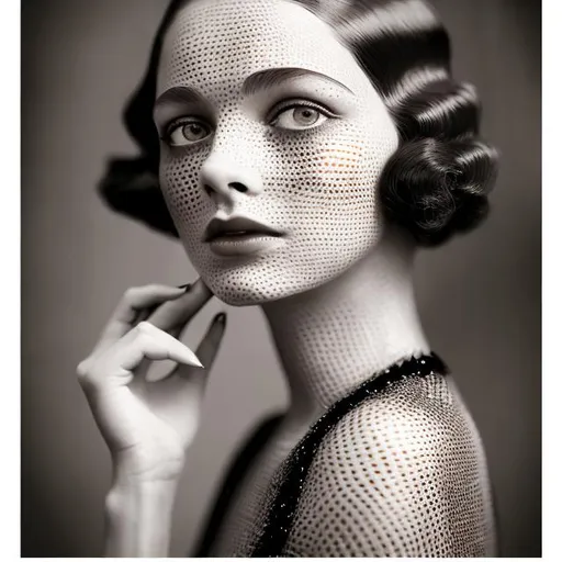 Prompt: Step-by-step, masterpiece, vintage photo, of jazz age woman, (wearing art deco striped see-through dress), ouvert, (detailed face), gorgeous eyes, [[makeup]], cute, (detailed skin), [freckles], textured, shallow depth of field, diffused soft lighting, photographed on a Sony a9 II, 100mm lens, F/2.8 aperture, sharp focus, 8k, absurdres, (highly detailed, intricate detail), (RAW), fashion photography award-winner, (full body:0.9)