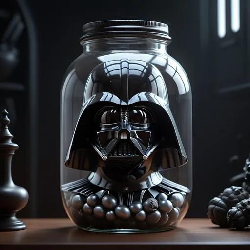 Prompt: Darth Vader in a jar, perfect composition, beautiful detailed intricate insanely detailed octane render trending on artstation, 16k artistic photography, photorealistic concept art, soft natural volumetric cinematic perfect light, chiaroscuro, award - winning photograph, masterpiece, oil on canvas, raphael, caravaggio, greg rutkowski, beeple, beksinski