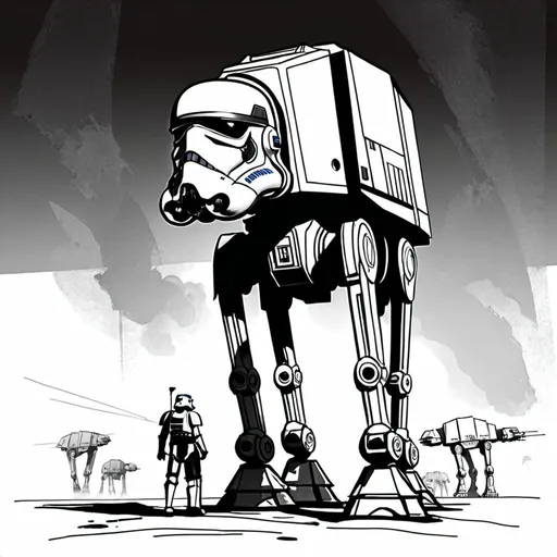 Prompt: artstrtngpt, abstract sketch of stormtrooper standing by AT-AT