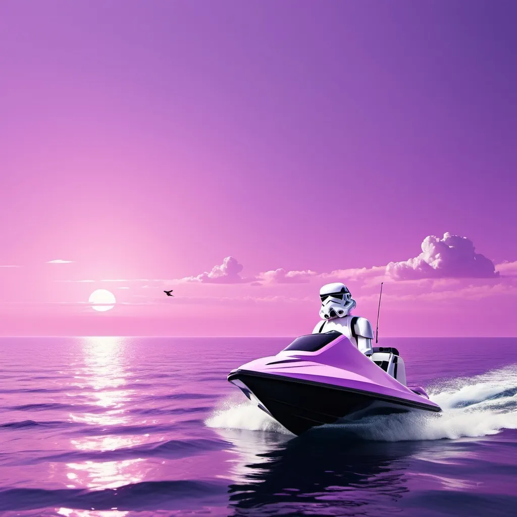 Prompt: 1stormtrooper, zyxch, watercraft, boat, outdoors, ocean, water, scenery, sky, bird, pink background, solo, shadow, purple theme, ship, purple sky masterpiece, newest, absurdres, safe, 32k resolution, molecular precision. ultra sharp focus.