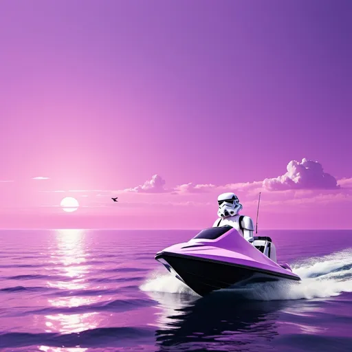 Prompt: 1stormtrooper, zyxch, watercraft, boat, outdoors, ocean, water, scenery, sky, bird, pink background, solo, shadow, purple theme, ship, purple sky masterpiece, newest, absurdres, safe, 32k resolution, molecular precision. ultra sharp focus.