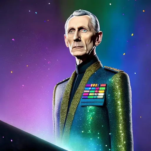 Prompt: photorealistic painting ((full body)) portrait of ((screen accurate)) grand moff tarkin at a music festival, (+glitter), glitter, wearing a green uniform, multicolored confetti gently falls on him and around him. 
intricate, 8k, highly detailed, volumetric lighting, digital painting, intense, sharp focus, art by artgerm and rutkowski and alphonse mucha, cgsociety