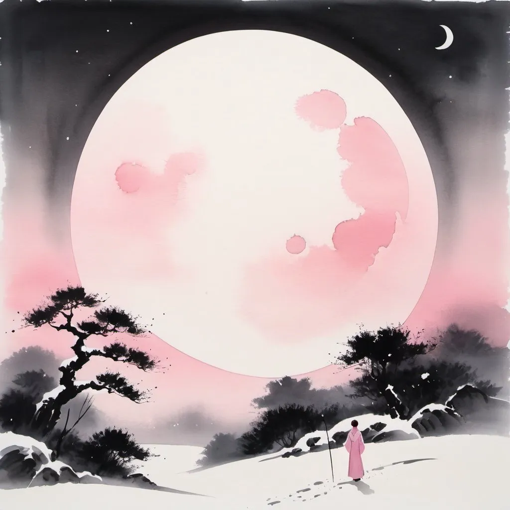 Prompt: Chinese ink painting, minimalism,(Mon Mothma far away), snow, moon, night time, pink hue