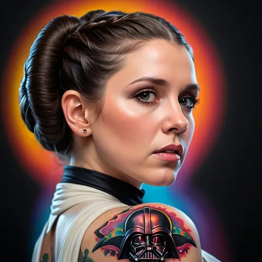 Prompt: "Princess Leia with a Darth Vader tattoo on her shoulder. Hyperrealistic, splash art, concept art, mid shot, intricately detailed, color depth, dramatic, 2/3 face angle, side light, colorful background"
Weight:1   

"Hyperrealistic, splash art, concept art, mid shot, intricately detailed, color depth, dramatic, 2/3 face angle, side light, colorful background"
Weight:0.9  