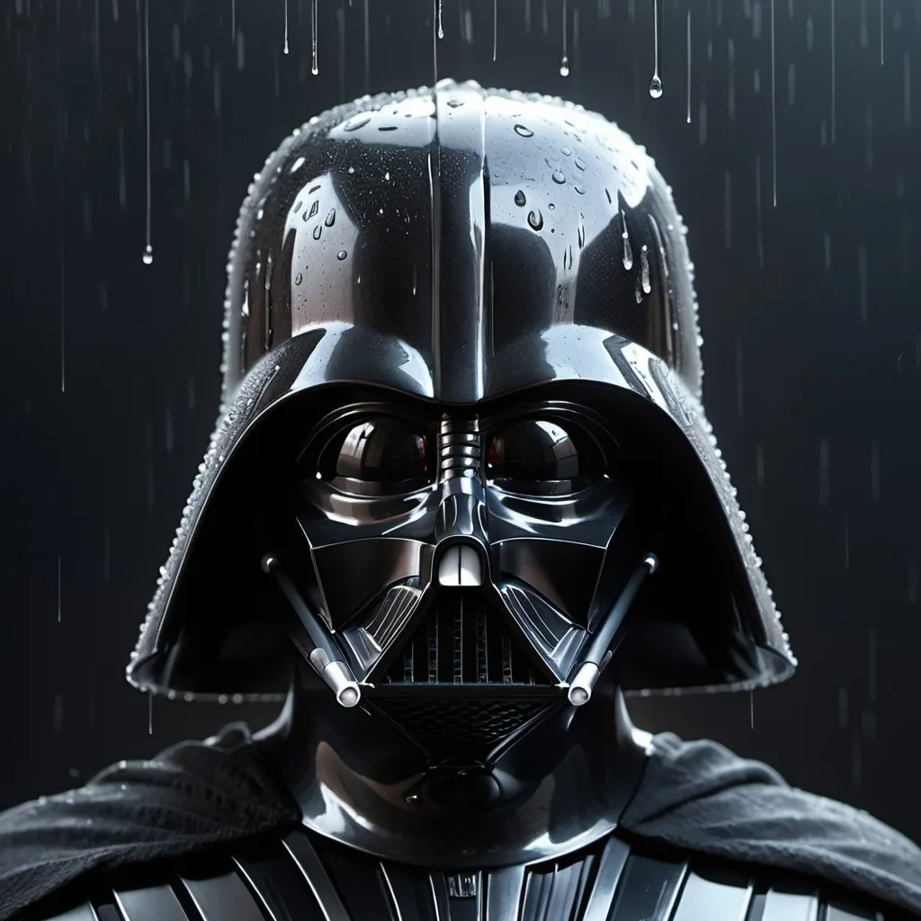 Prompt: close-up of Darth Vader, Darth Vader's head is very old, sad, covered with rain drops, slick with rain, shiny, ultra detailed, ultra sharp, realistic, volumetric lighting, intricate, photorealistic, detailed, 8k, perfect composition, beautiful detailed intricate insanely detailed octane render trending on artstation, 8 k artistic photography, photorealistic concept art, soft natural volumetric cinematic perfect light, chiaroscuro, award - winning photograph, masterpiece, oil on canvas, raphael, caravaggio, greg rutkowski, beeple, beksinski, giger