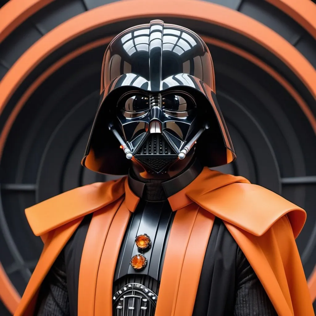 Prompt: Darth Vader in eco friendly haute couture outfit in the style of anime, surrealism, akira style. details. fine jewelry. eco friendly. orange vibe. 32k resolution, molecular precision.