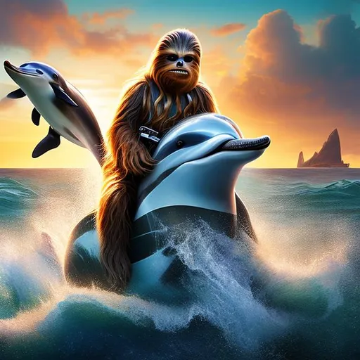 Prompt: Chewbacca riding a dolphin across ocean waves at sunrise. full color, photorealism, volumetric lighting, hyperdetail, 
