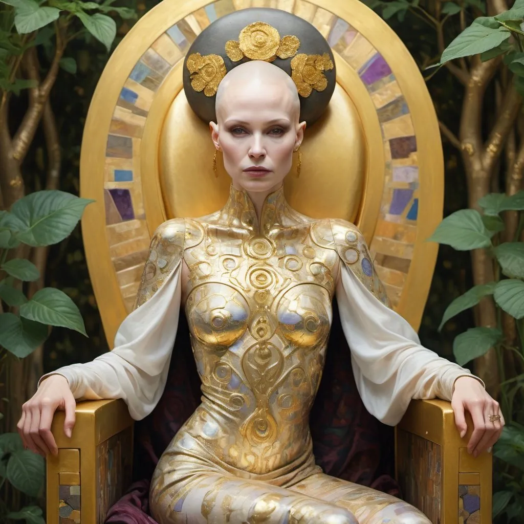 Prompt: Gustav Klimt's style, pastel and gold leaf,  sublime, perfect, magnificent completely bald Asajj Ventress (perfect face:1.5) is seated on a golden throne that blends seamlessly into the garden. The throne is decorated with the same intricate patterns as her robes, and the gold leaf shimmers against the lush greenery. 32k resolution, molecular precision.