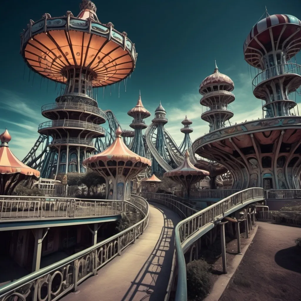 Prompt: 1970s theme park with roller coasters and carousels  designed by H. R. Giger. 32k resolution, molecular precision, ultra sharp focus.