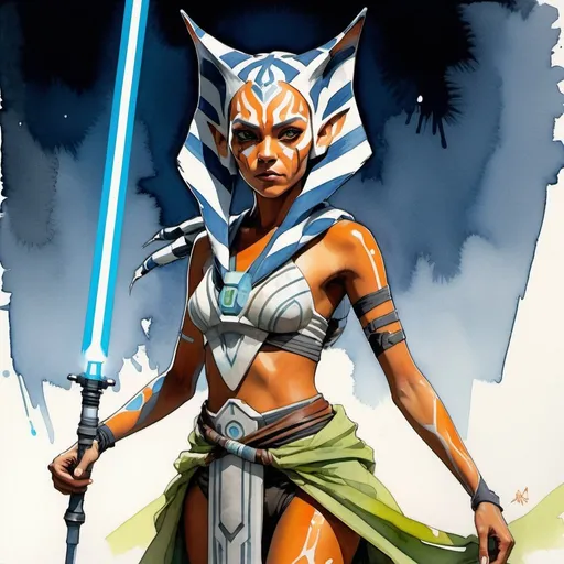 Prompt: Watercolor, baroque, stunning caricature sketch of Ahsoka Tano, full body dynamic pose, hope, inspirational, freedom, vantablack on sky blue with chartreuse and neon glow orange lines photoluminescent.
Watercolor painting on paper, style by Cheng Hsien Hsieh and Thomas W Schaller and Carne Griffiths