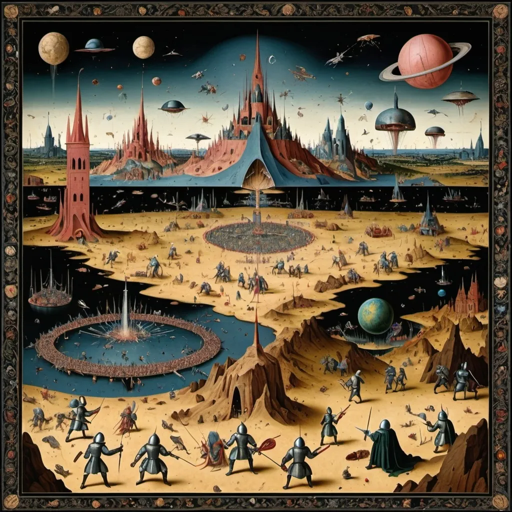 Prompt: "Great battle of the Martian city", by Hieronymous Bosch, knights fighting aliens, sci fi, spacecore, medieval tapestry, symmetry, maximalism, ominous, hyperdetailed, surreal, elegant needlepoint, stationery, 8K resolution 64 megapixels, Epic, perfect composition, fantastical, elemental, cosmic, dreamcore, Biblical art, awe, beautiful, Hyperdetailed, intricate details, magnificent, expansive, 32k resolution, molecular precision, ultra sharp focus.