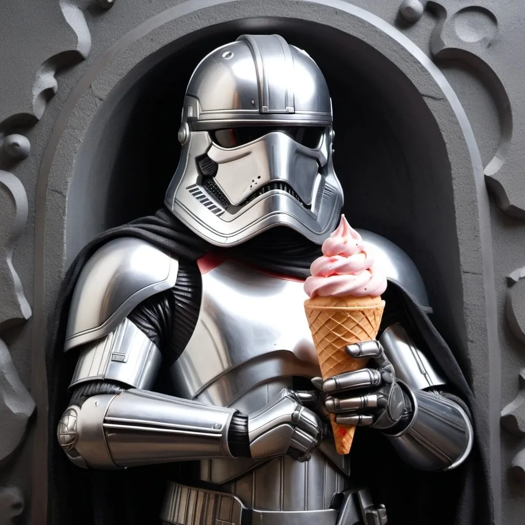 Prompt: Bas-relief of Captain Phasma holding an ice cream cone, 32k resolution, molecular precision, ultra sharp focus.