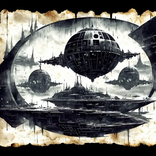 Prompt: old book style ink illustration, on parchment, ink splashes, ink stains, ink smears, faded ink,  (Grand Admiral Thrawnr:1.2), (futuristic:1.5), Death Star docking bay, glass, fog, moon, in the clouds, TIE Fighters, futuristic transport, fractals, night, gloomy tones, mentixis, linquivera