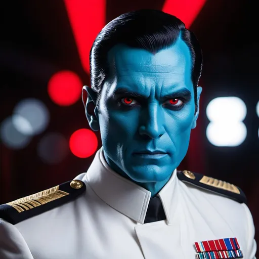 Prompt: "Grand Admiral Thrawn with blue skin and jet black hair, sharp focus on red eyes, dressed with white formal uniform, 85mm, hypper-realistic photo, nikon lens, shot on dslr 64 megapixels, dramatic above studio lighting, sharp focus portrait.""
Weight:1   

"Professional photography, bokeh, natural lighting, canon lens, shot on dslr 64 megapixels sharp focus"
Weight:0.9  