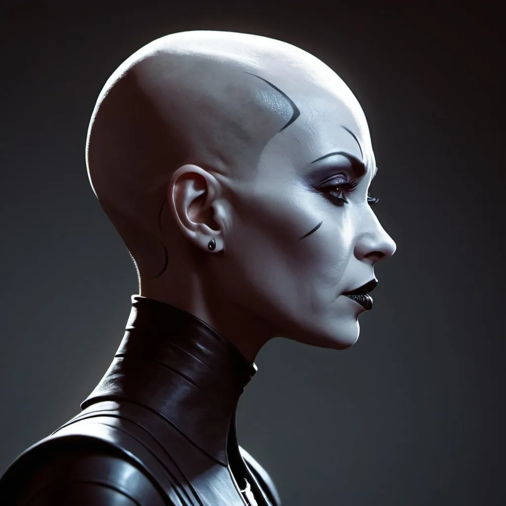 Prompt: stylized, flat, simple background, side profile, shadow silhouette, Asajj Ventress (COMPLETELY BALD!), dichromatic, 32k resolution, molecular precision, ultra sharp focus.