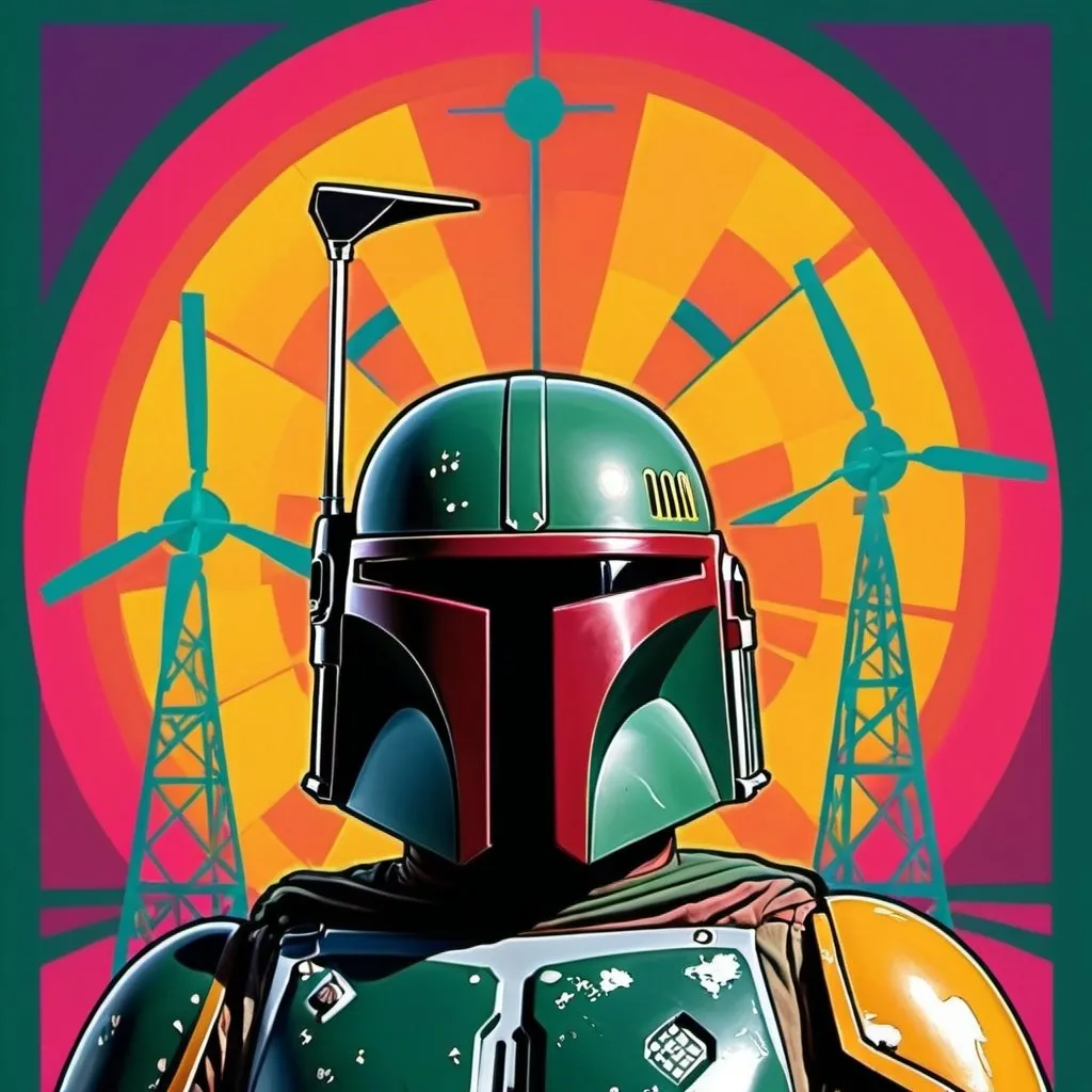 Prompt: "The windmills of your mind - Boba Fett with windmill in head, psychedelic"
Weight:1   

"Screen print, pop art, splash screen art, triadic colors, digital art, 32k resolution trending on Artstation, golden ratio, symmetrical, rule of thirds, geometric bauhaus, molecular precision, ultra sharp focus."
Weight:0.9