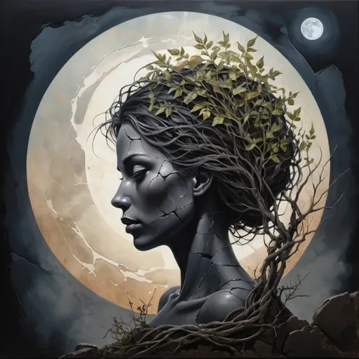 Prompt: "A stunning, surreal painting depicting a silhouette of a woman formed from intertwining plants and stones. The cracked, weathered appearance of the silhouette adds a sense of age and mystery. The background features a dramatic, dark sky with a full moon casting a pale, ethereal light on the scene. The overall effect of the painting is a hauntingly beautiful blend of nature and the supernatural, painting"
Weight:1   

"Hyperrealistic, splash art, concept art, mid shot, intricately detailed, color depth, dramatic, 2/3 face angle, side light, colorful background, 32k resolution, molecular precision. ultra sharp focus."
Weight:0.9 