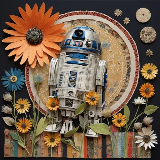 Prompt: Mixed media collage art, found star wars items, fabric collage, patterned patchwork fabric coneflowers and wheat, silk flowers, crystal embellishments, elaborate masterpiece, gorgeous intricately layered loose mixed media illustration, stitching, dimensional-layers and texture, quilling, Colorful, visible brushstrokes, acrylic, gesso, wheatpaste, graphite-marks, zentangles, filagree, magazine cutout, perfect composition, antique, Yan_Nascimbene, Raoul Hausmann, Anna Paula Hoppe, Lisa Parker