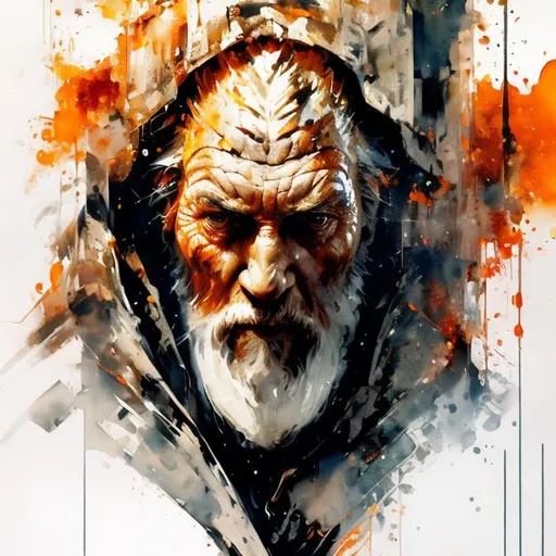 Prompt: 1 old ben kenobi, firestorm, fire hydras, detailed face, fantasy, ink strokes, explosions, over exposure, tone impression , abstract, (watercolor painting by John Berkey and Jeremy Mann ) brush strokes, negative space,