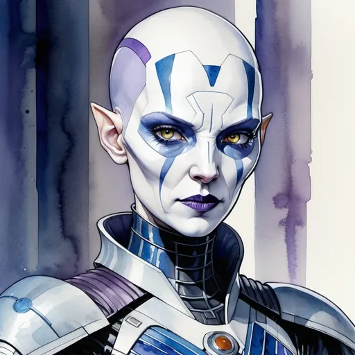 Prompt: Asajj Ventress cyborg, blue and violet markings and theme, Watercolor, trending on artstation, sharp focus, studio photo, intricate details, highly detailed, by greg rutkowski