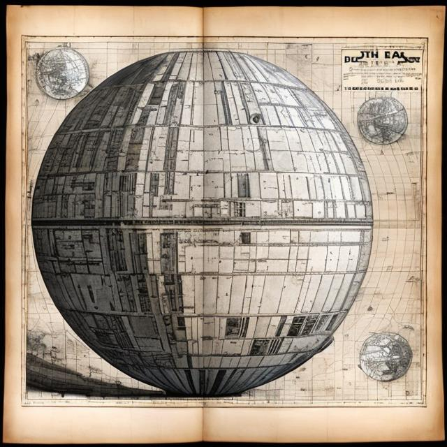 Prompt: A map of the death star on an old globe. A map of technical drawing with thick strokes and lines as edges on its construction design with measurements, architectural drawing of design and blueprint in ancient paper. The isometric view is very important, conceptual art