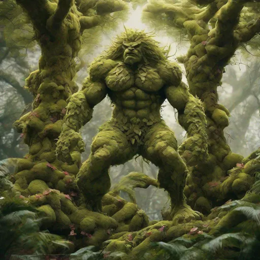 Prompt: athletic build, 6 feet in height, moss man (motu), 100% completely covered in moss vegetation trees branches :: a masterpiece intricately detailed Hyperrealistic, splash art, concept art, long shot, intricately detailed, color depth, dramatic, full body angle, side light, colorful background