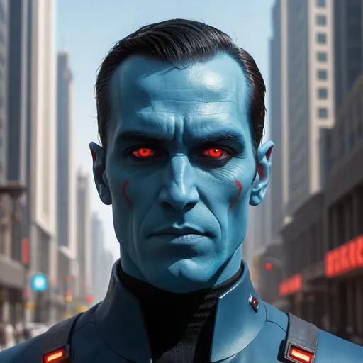 Prompt: "a 27 year old Thrawn with glowing red eyes outside on a sunny day, walking a modern city, upper body portrait."
Weight:1   

"detailed matte painting, deep color, fantastical, intricate detail, splash screen, complementary colors, fantasy concept art, 8k resolution trending on Artstation Unreal Engine 5"
Weight:0.9  