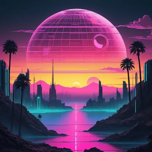 Prompt: "Design a vibrant vaporwave artwork featuring a mix of 80s-90s pop culture, neon cityscapes, anime influences, and classical Greek art. Death Star from Star Wars looms on the horizon. Sunset. Emphasize contrasting colors, digital motifs, and a dreamlike atmosphere. The artwork should capture the essence of vaporwave with an emphasis on retro nostalgia and futuristic fantasy."
Weight:1   

"detailed matte painting, deep color, fantastical, intricate detail, splash screen, complementary colors, fantasy concept art, 16k resolution trending on Artstation Unreal Engine 5"
Weight:0.9   