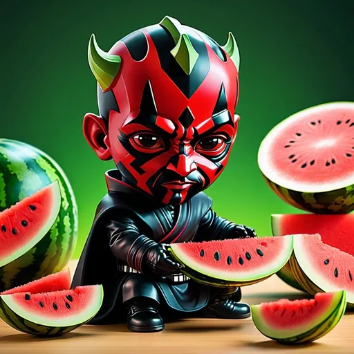 Prompt: Darth Maul chibi, eating anthropomorphic watermelon humanization, watermelon as human, anime style, shy face, beautiful and young, flirty atmosphere, ambient color, illustration, detailed. 32k resolution, molecular precision.