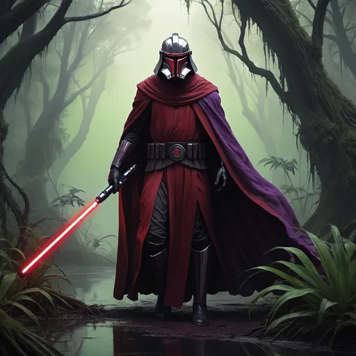 Prompt: dark Jedi wearing a faceless red mask inspired by Corinthian helmets, red stormtrooper armor plating, dark purple cape, purple lightsaber, walking the murky swamps of Dagobah, ominous, dreadful, evil. foreboding. perry rhodan art