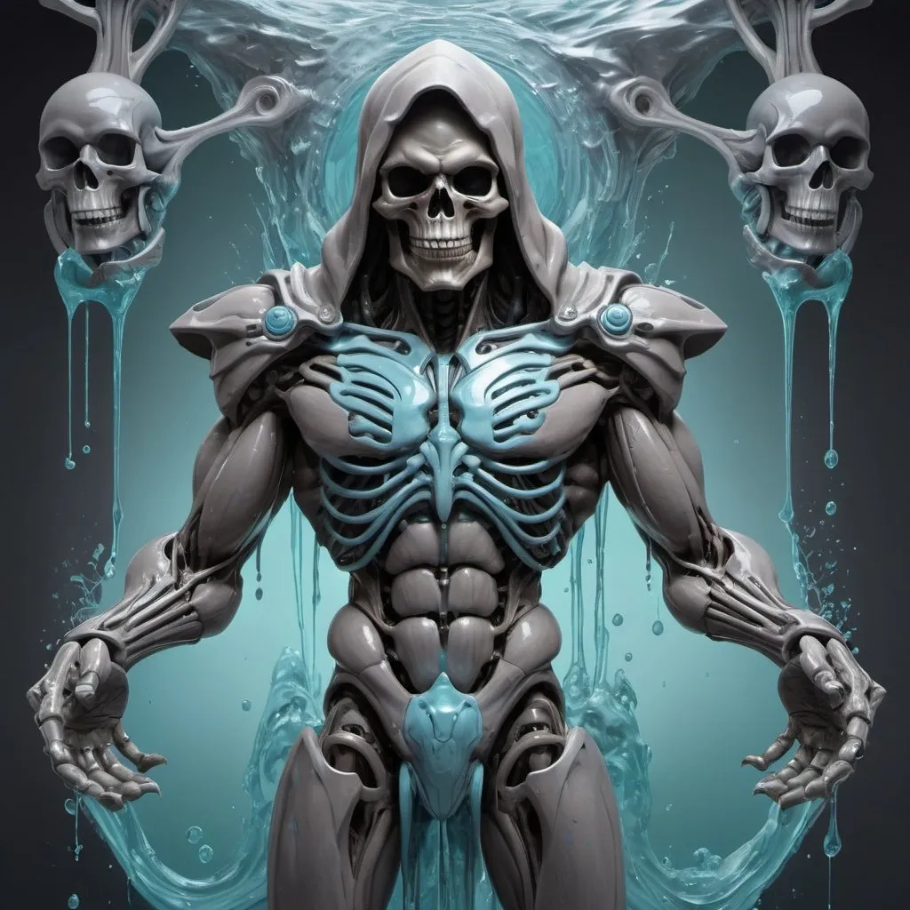 Prompt: "dynamic full body pose, photorealistic portraits in a triptych of biomechanical cyborg Skeletor from surreal imagery and 3d renderings, in the style of paint dripping technique, gray and aquamarine, intricate underwater worlds, panfuturism, art nouveau organic flowing lines, fluid geometry, freehand painting"
Weight:1   

"detailed matte painting, deep color, fantastical, intricate detail, splash screen, complementary colors, fantasy concept art, 16k resolution trending on Artstation Unreal Engine 5"
Weight:0.9