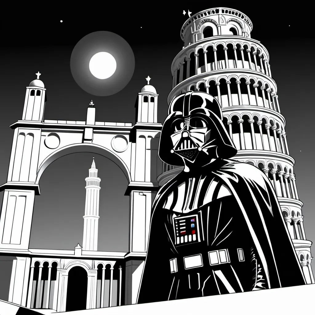 Prompt: (black and white:1.3), (monochrome grayscale:1.7), comicbook illustration, Darth Vader in front of Leaning Tower of Pisa , (film noir:1.4), glow effects, hazy atmosphere, 1940s street, (stylized illustration), (hand drawn detailed:1.1), (flat colors:1), (detailed lineart:0.4), (comic illustration:1.3), (flat colors:1), (hand drawn:1.3), (stylized comicbook cartoon:1.2), (cartoon illustration:1.6), (flat colors:1.2), (comic cartoon drawing art style:1), detailed beautiful cute elegant face (rose Byrne Katee sackhoff taylor momsen uma thurman kate micucci kathleen hanna:0.7)