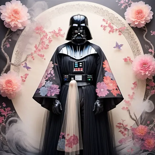 Prompt: Darth Vader wearing a tulle kimono, fashion-forward kimono made of tulle, colored ink on parchment, magnificent tulle flowers as decorations, accessories, etc., a surreal magical world, surreal intricate tulle and filigree background