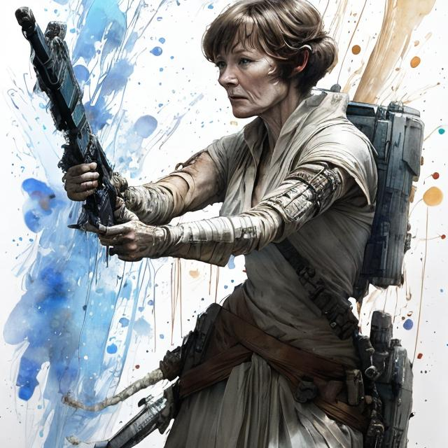Prompt: "Mon Mothma, action pose aiming weapon, accurately proportioned, colorful, beautiful, epic masterpiece, highly detailed, musical notes swirling, perfectly drawn face, in the style of Jean-Baptiste Monge, aquarelle, wet on wet, splashes, splash effect, drips, stains, intricate detailed, colored, intricate high detail crisp quality colorful"
Weight:2.5   
"8k resolution concept art by Greg Rutkowski dynamic lighting hyperdetailed intricately detailed Splash art trending on Artstation triadic colors Unreal Engine 5 volumetric lighting Alphonse Mucha WLOP Jordan Grimmer orange and teal"
Weight:0.9   
"ugly, tiling, poorly drawn hands, poorly drawn feet, poorly drawn face, out of frame, extra limbs, disfigured, deformed, body out of frame, blurry, bad anatomy, blurred, watermark, grainy, signature, cut off, draft"
Weight:-0.3