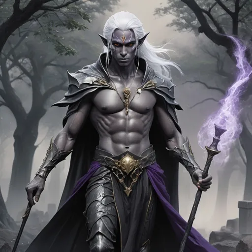 Prompt: portrait photograph of a mighty fantasy elf drow (((graphite GRAY skin coloring))) unholy prince, he steps in a black mist reaching the ankle, holds a (((gnarled staff))) surrounded by mystical energy, wears black and gold fantasy tunic and purple cloak, long white hair, fantasy undead city and graveyards background and black mist, organic translucent surface textures, luis royo, WLOP, artgerm, ayami kojima, karol bak, aureal number composition, production cinematic character render, molecular precision, ultra high quality model, 16k Ultra HD, golden ratio, trending pixiv fanbox, acrylic palette knife, style of makoto shinkai studio, genshin impact james gilleard greg rutkowski chiho aoshima