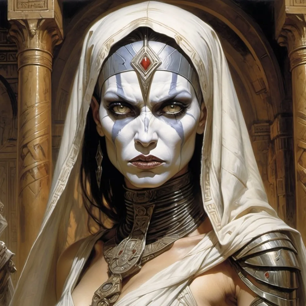 Prompt: By Luis Royo and Basil Logos and Donato Giancola and Frank Xavier Leyendecker painted illustration: waist-up portrait of a scowling angry Asajj Ventress mummy wrapped in linen withered Persian face wandering alone in the Egyptology museum : dynamic action pose, 32k resolution, molecular precision.