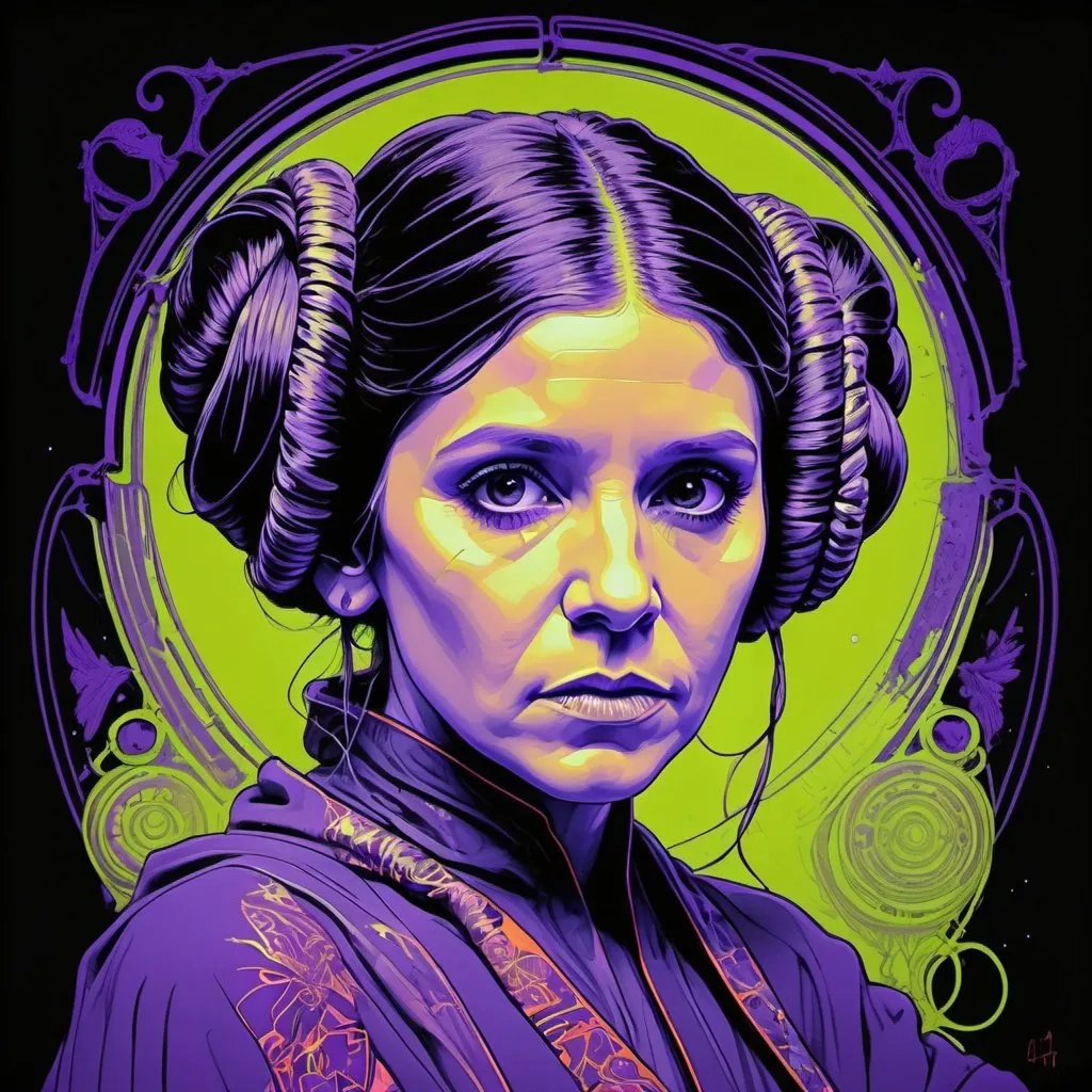 Prompt: Hyperintricate art nouveau, baroque, caricature sketch of Princess Leia, hope, inspirational, ultrarealism, hyperdetail vantablack on electric purple with chartreuse and neon glow orange lines photoluminescent by Ken dallmier in the style of Carne Griffiths and James Christensen
