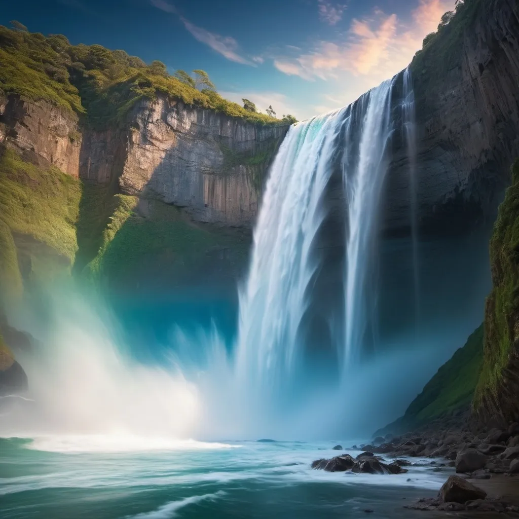 Prompt: epic gigantic beautiful waterfall on a cliff into the ocean, long exposure, lots of splash, bokeh, 32k resolution, molecular precision, ultra sharp focus."
Weight:1.2