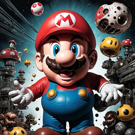 Prompt: Buzatron presents a vintage sci-fi horror pulp comic, Super Mario, unfolding the notion of infinite space through expressive guilloché patterns and CMYK-limit half-toning for vivid dimensionality, painted in gritty detailing, dynamic composition, swathed in deep tones, garnished with elements of hand-drawn comic aesthetics, ultra realistic, high contrast, ink opacity, wide angle, using a mode of visual storytelling that 32k resolution, molecular precision, ultra sharp focus.