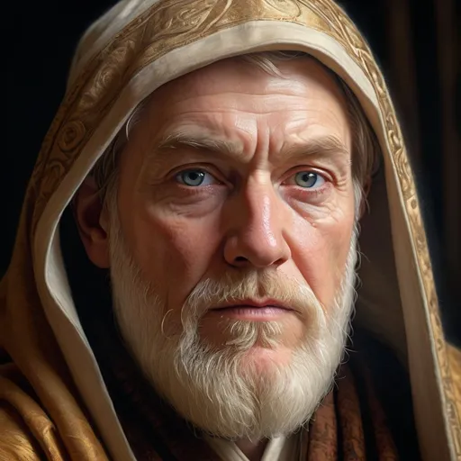 Prompt: Luminous and intricate portrait of a Renaissance-era Old Ben Kenobi in the ornate, Northern Renaissance style of Hans Holbein, 32k resolution, molecular precision, ultra sharp focus.