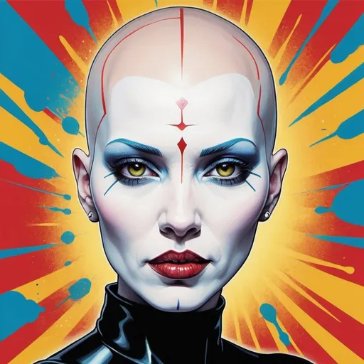 Prompt: "A piece of authentic pop art comic style showcasing the essence of Asajj Ventress (completely bald, pallid and pale skin). Incorporate vibrant colors and bold graphic elements that capture her energy and personality. Consider using contrasting hues, dynamic patterns, and exaggerated features to make the artwork truly pop. Emphasize her iconic style and presence through your unique interpretation, blending elements of music, fashion, and culture. Let your creativity run wild as you transform their image into a striking and memorable work of art that celebrates their impact on the world."
Weight:1  

"Hyperrealistic, splash art, concept art, mid shot, intricately detailed, color depth, dramatic, 2/3 face angle, side light, colorful background, 32k resolution, molecular precision."
Weight:0.9 