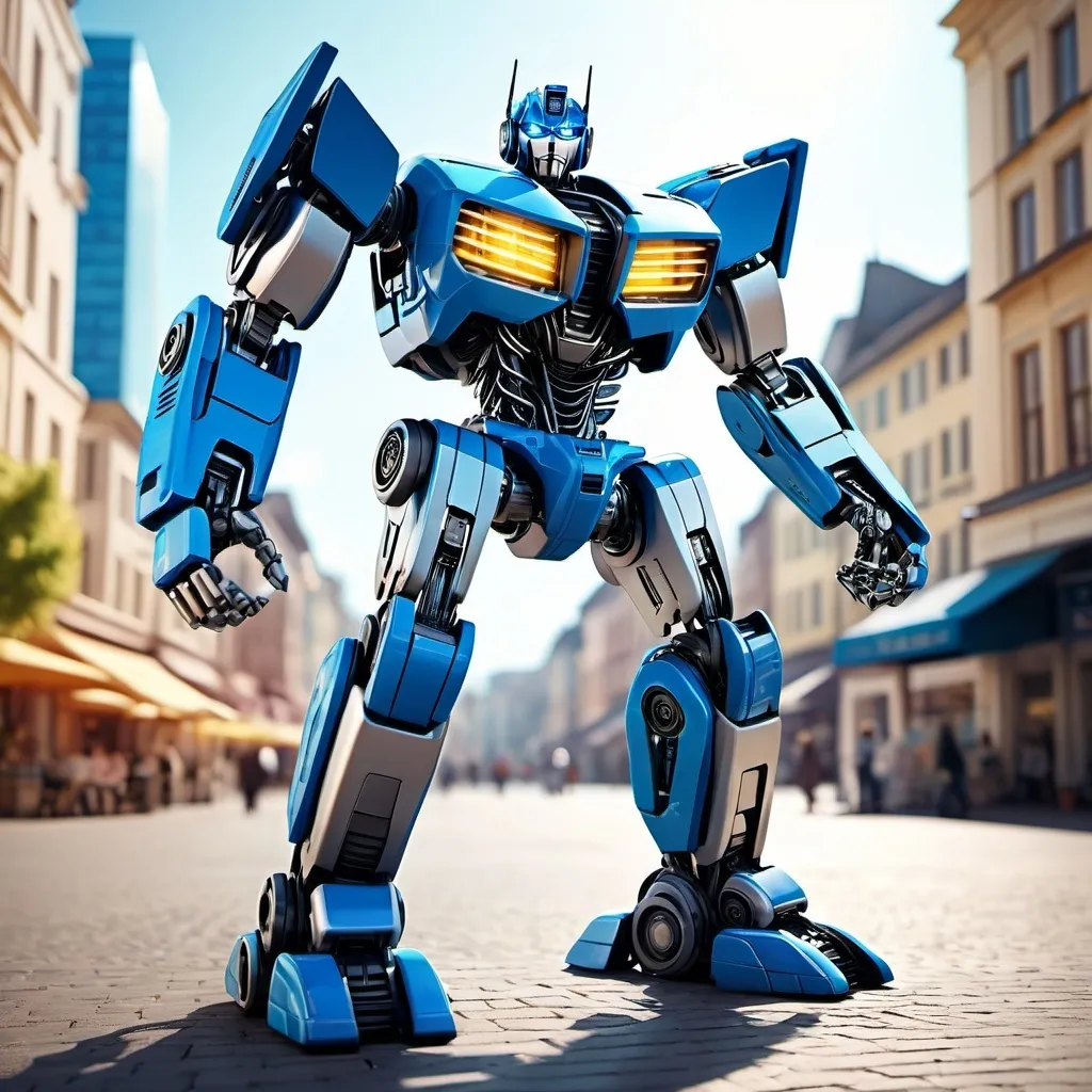 Prompt: full body photo of a transformer robot, dynamic pose, futuristic and technological look, ultra detailed, town square, happy robots and war in the background, sunny theme background, 32k resolution, molecular precision. ultra sharp focus.